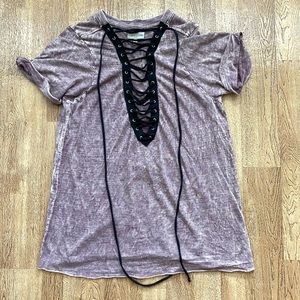 Gilded Intent Acid Washed Purple & Black Lace Up Short Sleeve T-Shirt Top Sz XS